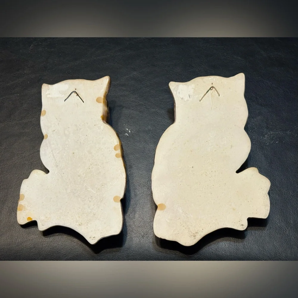 Set of Vintage 1970’s Chalk Owl Wall Hangings - Brown & Orange with Green Leaves